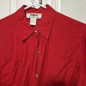 Vintage 80s August Silk Womens 4 Button Front Chest Pocket Red Top Blouse Career